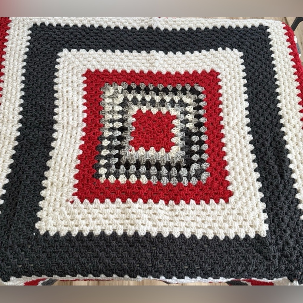 Handmade Crochet Blanket in Red, Black, and White 46x46
